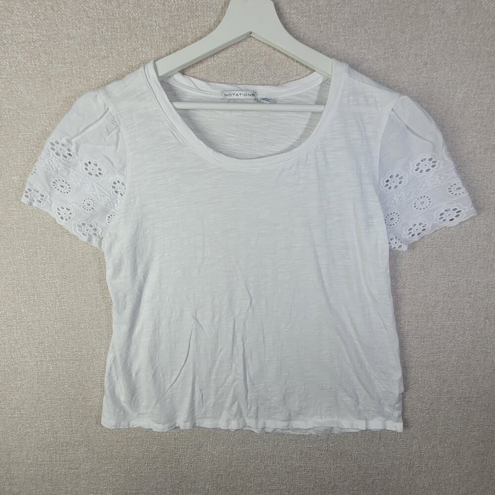 Charming Notations White Lace Sleeve T-Shirt - Size Large